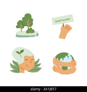 Umweltfreundliche Symbole zur Förderung des Umweltbewusstseins und des Umweltschutzes. Stock Vektor