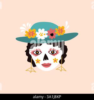 Mexikanische Totenkopfmaske mit Blume. Für Banner oder Poster. Dia de los muertos traditionelles Festivalelement. Frau Kopf mit Hut mit Blumen in M Stock Vektor