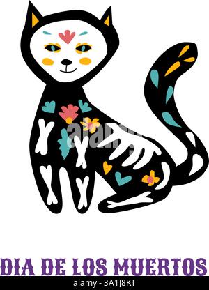 Banner oder Plakate zum mexikanischen Tod. Grußkarte Dia de los muertos. Zuckerschädel, Tatoo-Haustiere und Blumenelemente, Blumen und Tatoo-Maske. Stock Vektor