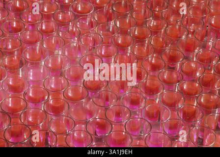 Glasreihen mit Farbwasser für die Herstellung von Öllampen, Maheshwar, Madhya Pradesh, Indien, Asien Stockfoto