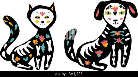 Mexikanische Elemente zum Todestag. Aufkleber für das Dia de los muertos Festival. Tatoo-Haustiere und Blumenelemente. Stock Vektor