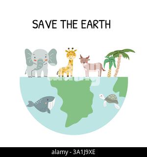 Retten Sie die Erde mit niedlichen Tieren: Elefanten, Giraffen, Wale, Schildkröten und mehr. Stock Vektor
