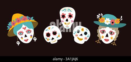 Mexikanische Elemente zum Todestag. Aufkleber für das Dia de los muertos Festival, Einladung zur musikalischen Party und Poster. Zuckerschädel, Tatoo-Haustiere und Blumenelement Stock Vektor