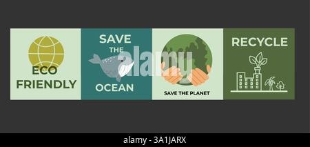Umweltfreundliche Initiativen: Schützen Sie den Ozean und den Planeten durch Recycling. Set von Öko-Postern – flaches Design. Stock Vektor