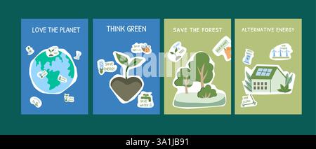 Umweltfreundliche Poster für Nachhaltigkeit: Liebe den Planeten, denke grün, rette den Wald, alternative Energie. Set von Öko-Postern – flaches Design. Stock Vektor