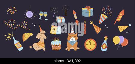 Happy New Year Doodle Event Elemente. Feierliches Design. Set aus Champagner, Geschenkbox, Kalender, Pizza, Kuchen, Hunde, Konfetti, Feuerwerkskörper, Uhr, Glas Stock Vektor