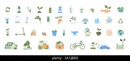Umweltfreundliche Symbole: Nachhaltigkeit, Recycling, erneuerbare Energien und Umweltschutz. Flaches Design, grüne Öko-Palette. Stock Vektor