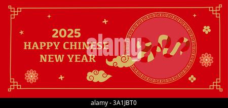 Chinesisches Neujahrs-2025-Kartendesign auf rotem Hintergrund. Lunar Grußkarte zur Feier im horizontalen Format. Stock Vektor