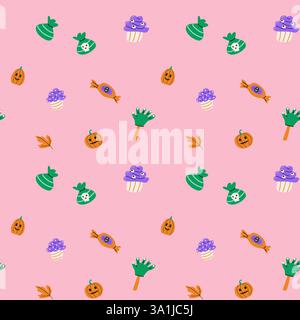 Nahtloses Muster mit magischen halloween Elements Hut, Schädel, Topf, Kerze, Flasche und Haustieren. Wickelstruktur auf rosa Hintergrund. Stock Vektor