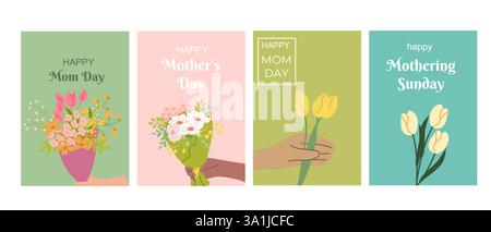 Grußkarten zum Muttertag und zum muttertag mit Blumensträußen. Stock Vektor