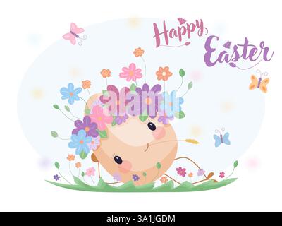 Osterei mit Blumenkranz auf Gras liegend, süße Feiertagsillustration Stock Vektor