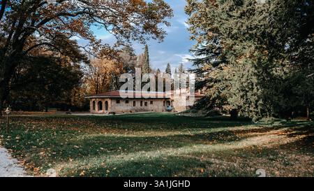 Wunderschöne und charmante Herbstlandschaft mit einem rustikalen Haus umgeben von üppigem grünen Rasen Stockfoto