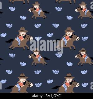 Verspielte Cowboy-Kindermuster für Kinderzimmer oder Stoffdesign. Stock Vektor