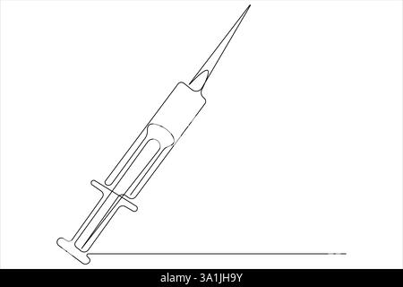 Eine durchgehende Linienzeichnung der medizinischen Einwegspritze aus Kunststoff mit Nadel, die für die Impfung geeignet ist Stock Vektor