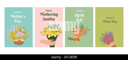 Blumenkarten zum Muttertag und zum muttersonntag in lebendigen Stilen. Stock Vektor