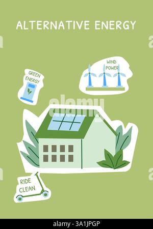 Alternatives Energiekonzept mit Solarhaus und Windturbinen. Stock Vektor