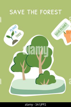 Save the Forest: Illustrierte Kampagne für Baumpflanzung und Umweltschutz. Stock Vektor