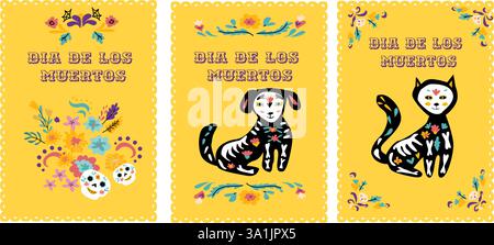 Banner oder Plakate zum mexikanischen Tod. Grußkarte Dia de los muertos. Zuckerschädel, Tatoo-Haustiere und Blumenelemente, Blumen und Tatoo-Maske. Stock Vektor