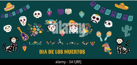 Mexikanische Elemente zum Todestag. Aufkleber für das Dia de los muertos Festival, Einladung zur musikalischen Party und Poster. Zuckerschädel, Tatoo-Haustiere und Blumenelement Stock Vektor