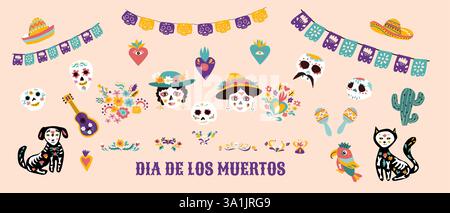 Mexikanische Elemente zum Todestag. Aufkleber für das Dia de los muertos Festival, Einladung zur musikalischen Party und Poster. Zuckerschädel, Tatoo-Haustiere und Blumenelement Stock Vektor