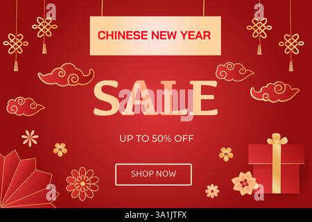 Verkaufsbanner für das chinesische Neujahr. Realistische Vektorpapier geschnittene Illustration von orientalischen Blumen, Wolken auf rotem Hintergrund. Asiatisches Mondjahr Vorlage mit Stock Vektor