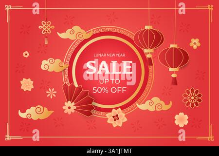 Elegantes Werbebanner mit orientalischen Papierblumen, Sternen und Wolken auf rotem Hintergrund. Mit traditionellen Laternen und Glückssymbolen, perfekt für Stock Vektor