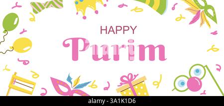 Purim-Design für Feierlichkeiten. Banner oder Grußkarte. Farbenfroher Purim-Hintergrund für traditionelles Festival. Stock Vektor