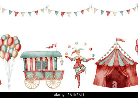 Nahtlose Umrandung mit Zirkusaquarell. Illustration des Karnevalsmusters mit Zelten, Jongleuren, Ballons und Karren für kindliche Partyeinladungen oder Grußkarten für Babyvorführungen. Banner für das Festival. Stockfoto