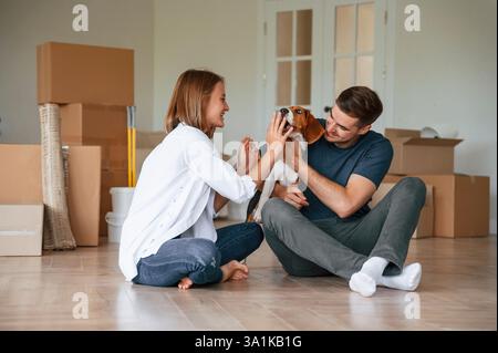 Mit Hund spielen. Das junge Paar zieht in ein neues Zuhause. Stockfoto