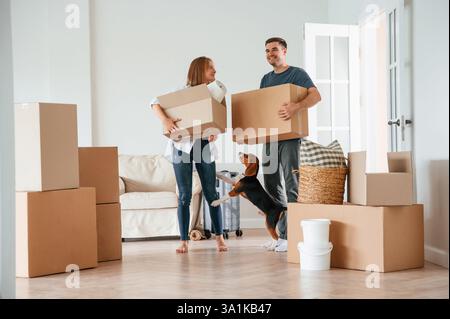 Zwei Kisten in der Hand. Ein junges Paar mit Hund zieht in ein neues Zuhause. Stockfoto