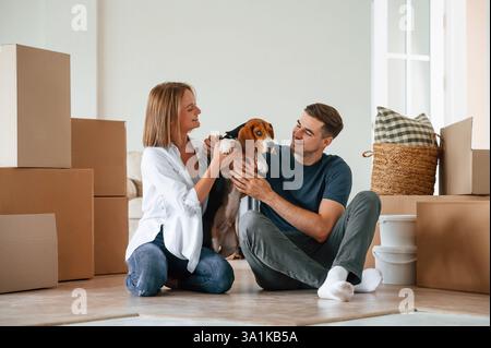 Sitzen und spielen mit dem Hund. Das junge Paar zieht in ein neues Zuhause. Stockfoto