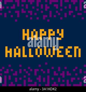 Pixelbild Grußtext Happy Halloween in abstrakter Tetris-Form Ober- und unterer festlicher Rahmen. Vektor-Illustration Gruß- oder Themenkarte, Einladung, Etikett oder Web-Promo-Banner, Faltblatt, Tag Stock Vektor