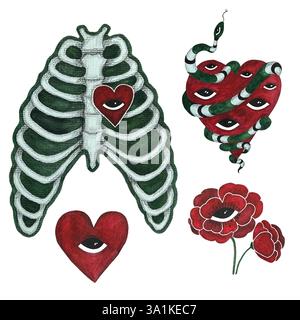 Aquarellset magische Illustration in Rot und Grün mit allen Augen, mystischen Herzen, menschlichen Rippen und Knochen, Mohnblumen und Schlangen Stockfoto