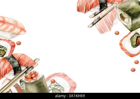 Sushi-Restaurant-Menü-Vorlage mit Sushi und Sashimi mit frischem Lachs Aquarell Illustration. Handgezeichnete japanische traditionelle Meeresfrüchte, Brötchen mit filet Stockfoto
