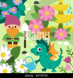 Vektorquadratischer Märchenhintergrund mit Gartenzwerg, Blumen, Drache, schlafender Fuchs, Brunnen. Magische Landlandschaft. Waldlandschaft. Fantasy Forest Stock Vektor