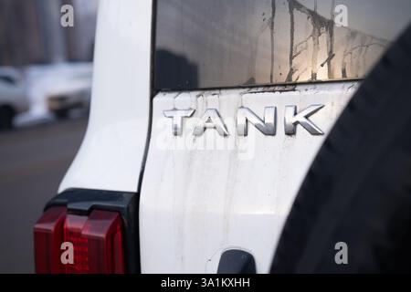 Dieses Bild zeigt eine Nahaufnahme eines schmutzigen Fahrzeugs mit dem TANKEMBLEM auf seiner Oberfläche, Eine Nahaufnahme eines Fahrzeugs hinten zeigt das TANKEMBLEM, hochlig Stockfoto
