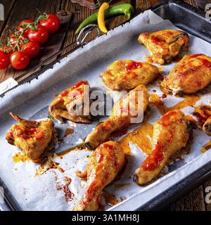 Rustikale Hähnchenflügel mit Rücken, Beine auf Backblech Stockfoto
