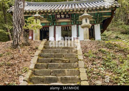 Cheongyang-Gun, Südkorea, 2. Oktober 2020: Gebetshalle auf einem Hügel mit Wald im Hintergrund am Janggoksa-Tempel, Asien Stockfoto