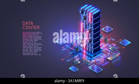 Isometrisches Konzept des Rechenzentrums. Big Data im Rechenzentrum berechnen. Großes Server-Rack, das an die Hardware-Infrastruktur angeschlossen ist. Computernetztechnik und Stock Vektor