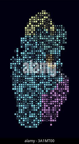 Katar, die Form des Landes, gebaut aus farbigen Zellen. Digitale Karte von Katar auf dunklem Hintergrund. Kleine quadratische Blöcke. Stock Vektor