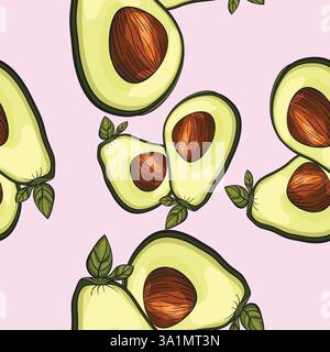 Nahtloses Muster mit frisch geschnittener Avocado und Blättern, die den Samen zeigen Stock Vektor