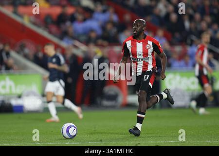 London, Großbritannien. März 2025. London England, 8. März 2025: Yoane Wissa aus Brentford während des Premier League-Spiels zwischen Brentford und Aston Villa im Gtech Community Stadium in London (Alexander Canillas/SPP) Credit: SPP Sport Press Photo. /Alamy Live News Stockfoto