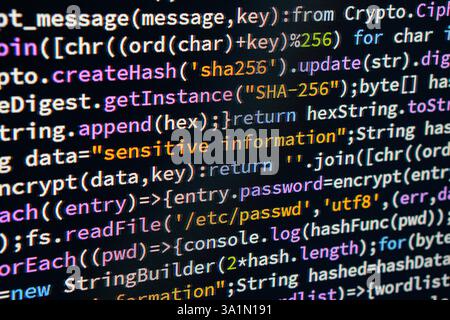 Vertrauliche Informationen. Nahansicht von farbigem Code in IDE, mit Kommentaren versehen, mit mehreren Farben zur besseren Lesbarkeit, dichtem Text, hoher Auflösung Stockfoto