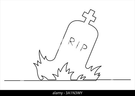 Grabstein R.I.P kontinuierliche einzeilige Kunstzeichnung von Halloween, Grab, Friedhof, Tod, Gedenktag Stock Vektor
