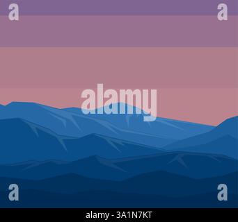 Landschaft mit Silhouetten von blauen Bergen bei Sonnenuntergang. Flaches Design Stock Vektor