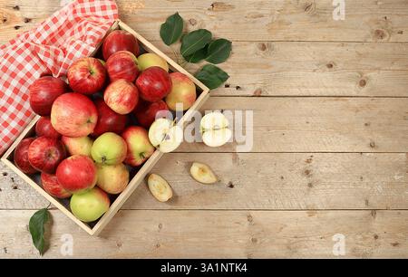 Herbstkomposition von Äpfeln in einer Box auf einem sonnigen Holztisch, Thanksgiving Hintergrund, Ernte, gesundes natürliches Lebensmittelkonzept, Detox Diät und Körperkel Stockfoto