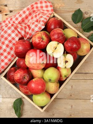 Herbstkomposition von Äpfeln in einer Box auf einem sonnigen Holztisch, Thanksgiving Hintergrund, Ernte, gesundes natürliches Lebensmittelkonzept, Detox Diät und Körperkel Stockfoto