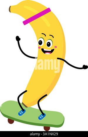 Niedliche Bananenfigur, die auf einem Skateboard fährt. Cartoon Happy Banana auf Skateboard. Stock Vektor