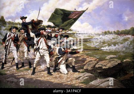 The Battle of Long Island, ein Gemälde der Nationalgarde, das für das National Guard Bureau geschaffen wurde. Das Gemälde zeigt das Delaware-Regiment in der Schlacht von Long Island am 27. August 1776. Stockfoto
