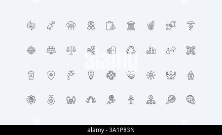 ESG, globale Nachhaltigkeits- und Verantwortungsregulierung, menschliche Unterstützung und Wohlfahrt, Gesetzintegrität dünne schwarze Umrisssymbole Vektorillustration. Symbolgruppe für die Linie „Environmental Social Governance“ Stock Vektor